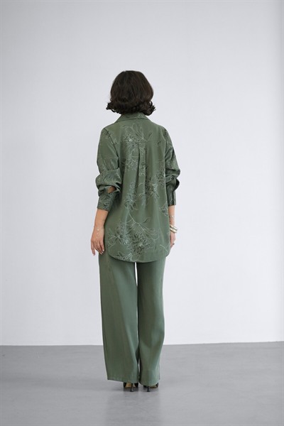 Kadın Haki Premium Modal Salaş Gömlek Pantolon Takım