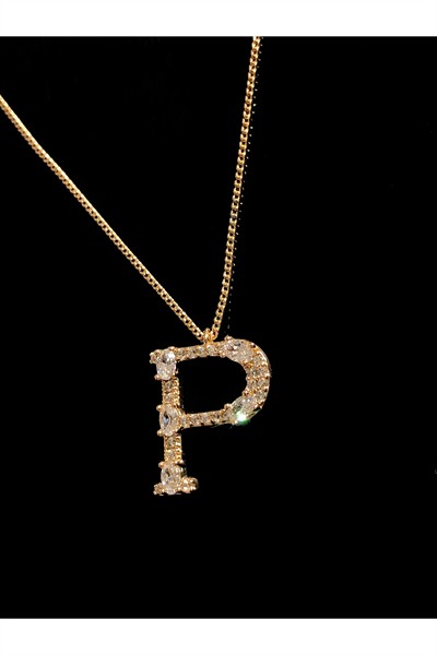 Kadın Premium Rodyum Kaplama Kararmaz Kuyumcu İşçilik Zirkon Taşlı Vip Taşlı P Harf Kolye