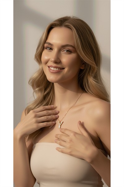 Kadın Premium Rodyum Kaplama Kararmaz Kuyumcu İşçilik Zirkon Taşlı Vip Taşlı Y Harf Kolye