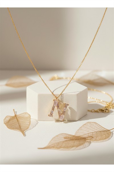 Kadın Premium Rodyum Kaplama Kararmaz Kuyumcu İşçilik Vip Taşlı N Harf Zirkon Taşlı Kolye