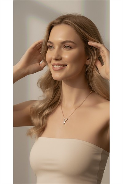 Kadın Premium Rodyum Kaplama Kararmaz Kuyumcu İşçilik Zirkon Taşlı Vip Taşlı Y Harf Kolye