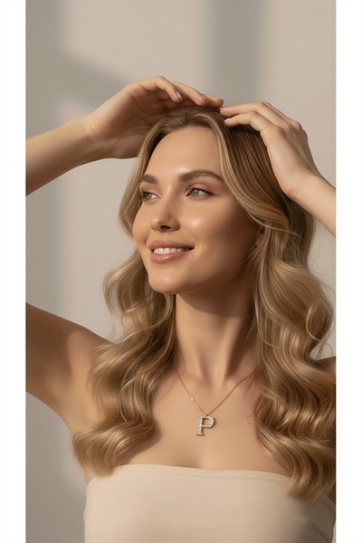 Kadın Premium Rodyum Kaplama Kararmaz Kuyumcu İşçilik Zirkon Taşlı Vip Taşlı P Harf Kolye