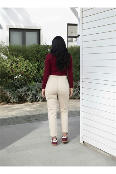 Kadın Bej Premium Seri Kot Pantolon Pamuk Yüksek Bel Boyfit Orj Marka Jean