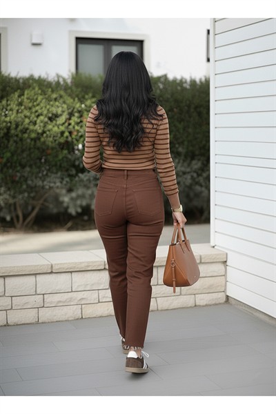 Kadın Kahve Premium Seri Kot Pantolon Pamuk Yüksek Bel Boyfit Orj Marka Jean