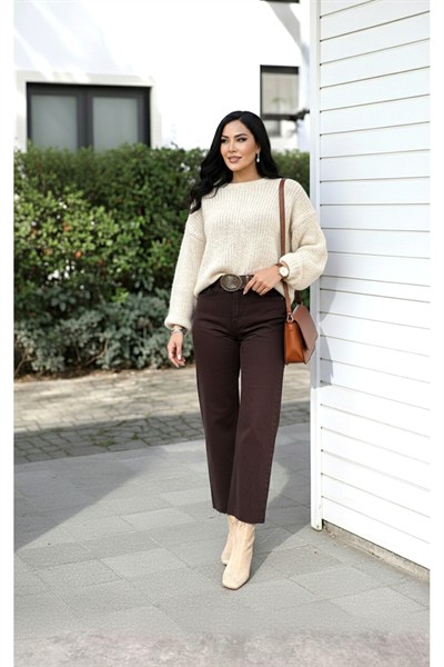 Kadın Acı Kahve Premium Seri Kot Pantolon Pamuk Yüksek Bel Boyfit Orj Marka Jean