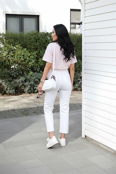 Kadın Beyaz Premium Seri Kot Pantolon Pamuk Yüksek Bel Boyfit Orj Marka Jean