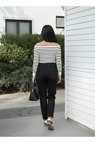 Kadın Siyah Premium Seri Kot Pantolon Pamuk Yüksek Bel Boyfit Orj Marka Jean