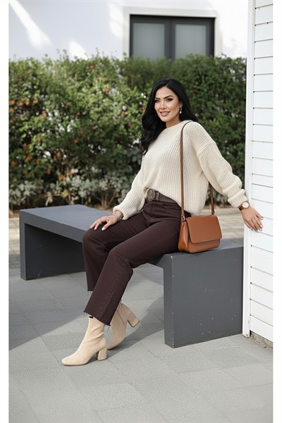 Kadın Acı Kahve Premium Seri Kot Pantolon Pamuk Yüksek Bel Boyfit Orj Marka Jean