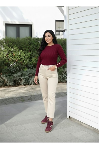 Kadın Bej Premium Seri Kot Pantolon Pamuk Yüksek Bel Boyfit Orj Marka Jean