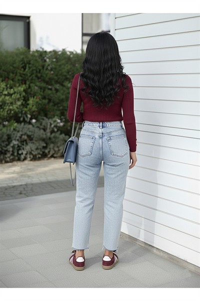 Kadın Buz Mavi Premium Seri Kot Pantolon Pamuk Yüksek Bel Boyfit Orj Marka Jean
