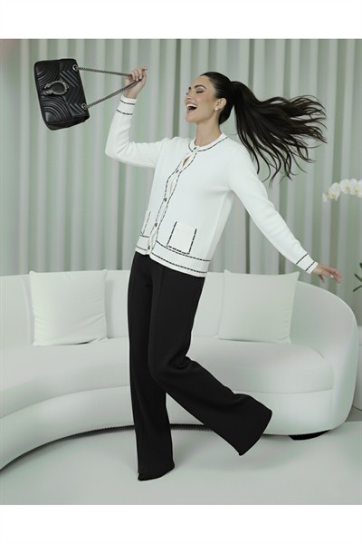 Kadın Ekru Premium Şerit Detaylı Biyeli Cepli Yumuşak Dokulu Hırka