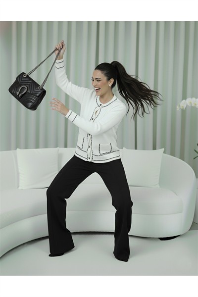 Kadın Ekru Premium Şerit Detaylı Biyeli Cepli Yumuşak Dokulu Hırka