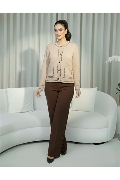 Kadın Kahve Premium Şerit Detaylı Biyeli Cepli Yumuşak Dokulu Hırka