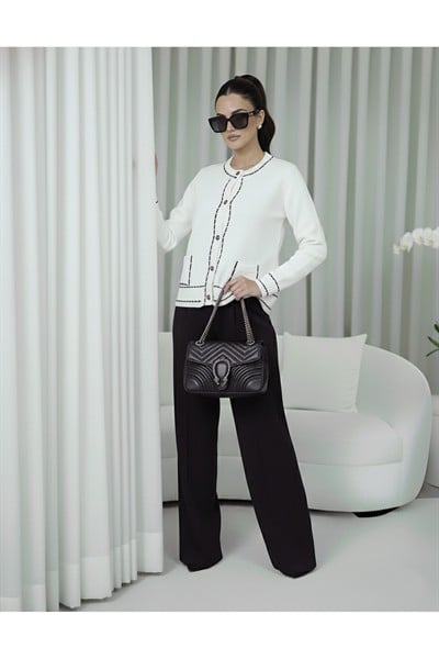 Kadın Ekru Premium Şerit Detaylı Biyeli Cepli Yumuşak Dokulu Hırka