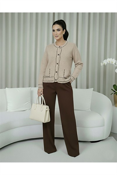 Kadın Kahve Premium Şerit Detaylı Biyeli Cepli Yumuşak Dokulu Hırka