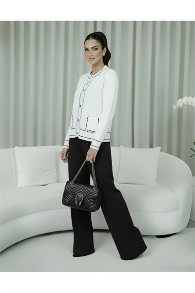 Kadın Ekru Premium Şerit Detaylı Biyeli Cepli Yumuşak Dokulu Hırka