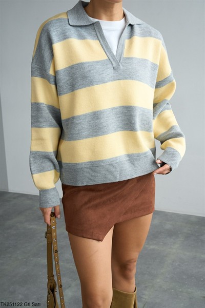 Kadın Sarı-Gri Premium Polo Yaka Çizgili Pamuk Kazak
