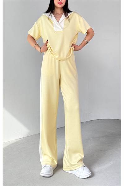 Kadın Sarı Premium Modal Kumaş Açık Patlı Yaka Bluz Garnili İkili Takım