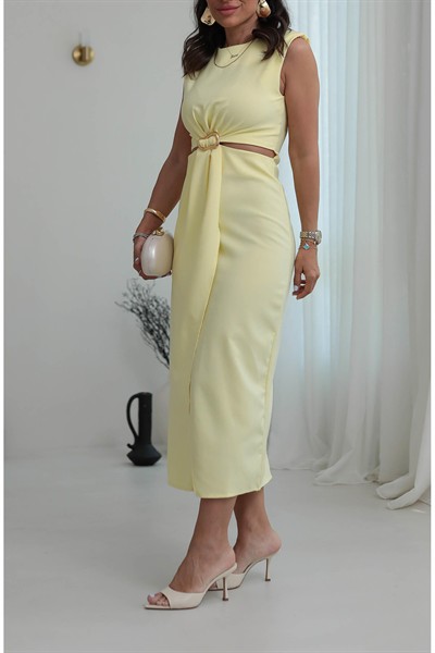 Kadın Sıfır Kol Bel Dekolteli Gold Tokalı Midi Elbise
