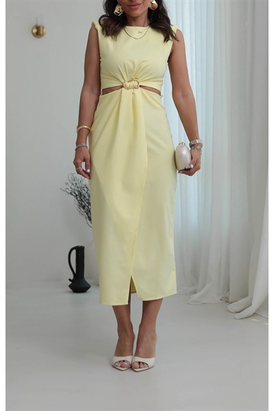 Kadın Sıfır Kol Bel Dekolteli Gold Tokalı Midi Elbise