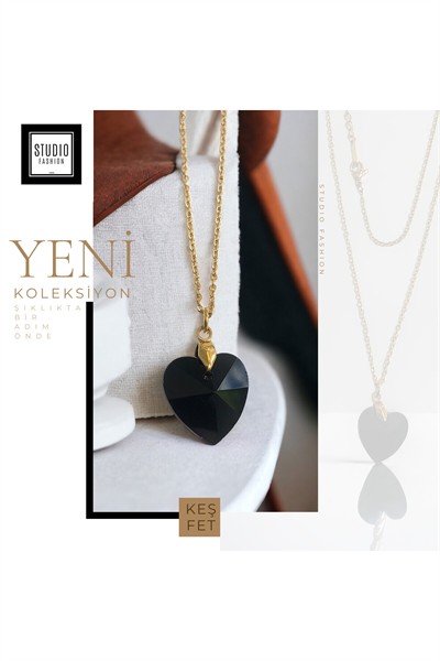 Kadın Şık Tasarım Siyah Kalp Model Kararmaz Antialerjik Çelik Kolye