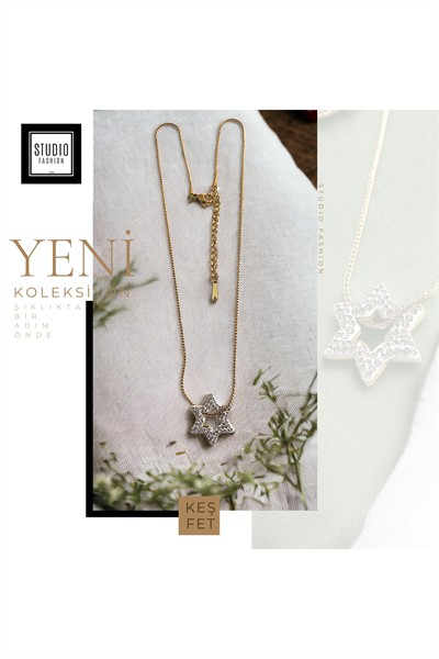 Kadın Şık Tasarım Yıldız Model Kararmaz Antialerjik Zirkon Taş İşlemeli Çelik Kolye