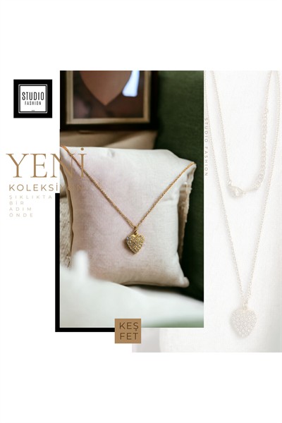 Kadın Şık Yeşil Taşlı Kalp Model Kararmaz Antialerjik Zirkon Taş İşlemeli Çelik Kolye