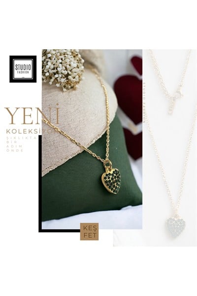 Kadın Şık Yeşil Taşlı Kalp Model Kararmaz Antialerjik Zirkon Taş İşlemeli Çelik Kolye