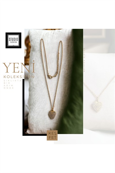 Kadın Şık Yeşil Taşlı Kalp Model Kararmaz Antialerjik Zirkon Taş İşlemeli Çelik Kolye