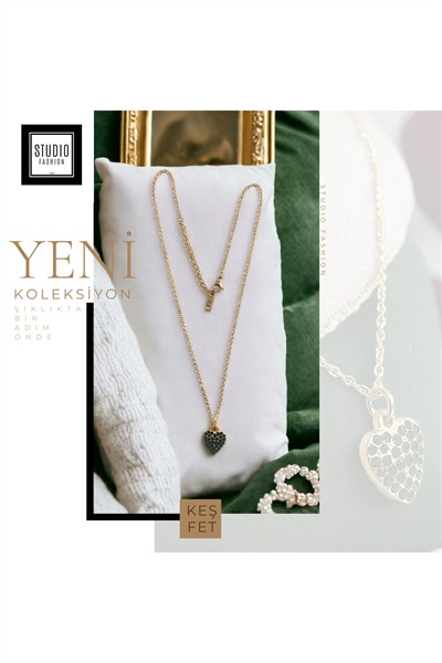 Kadın Şık Yeşil Taşlı Kalp Model Kararmaz Antialerjik Zirkon Taş İşlemeli Çelik Kolye