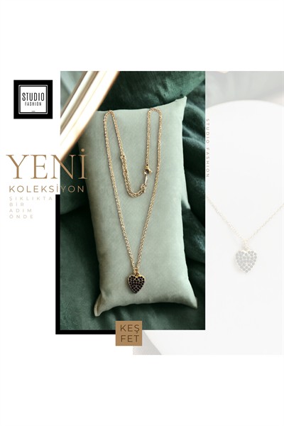Kadın Şık Yeşil Taşlı Kalp Model Kararmaz Antialerjik Zirkon Taş İşlemeli Çelik Kolye
