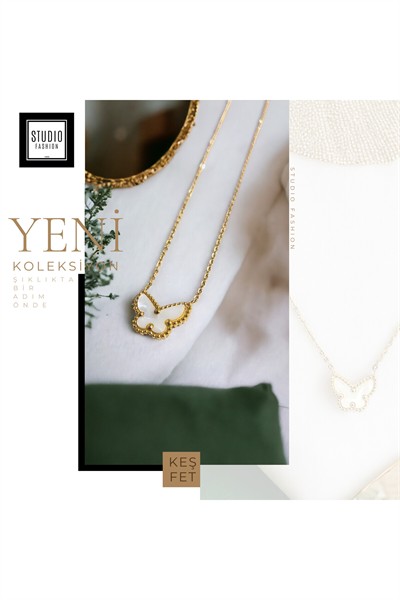 Kadın Şık Zarif Kelebek Model Beyaz Mineli Kararmaz Antialerjik Çelik Kolye