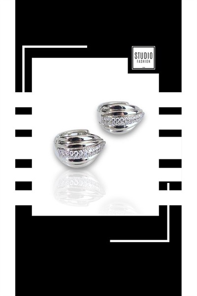 Kadın Silver Zirkon Taşlı Kararmaz Vip Çelik Premium Rodyum Kaplama Tırtıklı Minimal Şık Halka Küpe