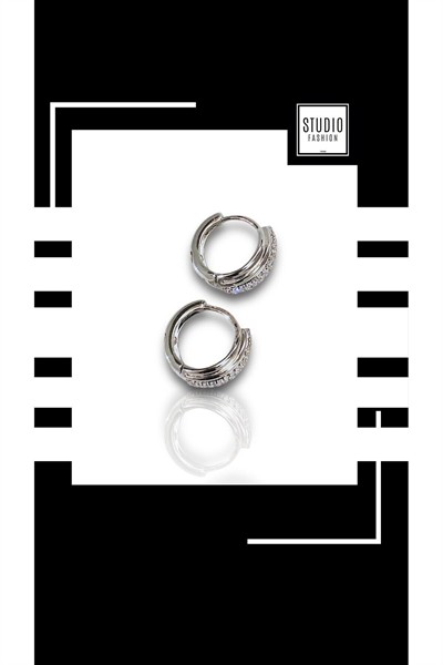 Kadın Silver Zirkon Taşlı Kararmaz Vip Çelik Premium Rodyum Kaplama Tırtıklı Minimal Şık Halka Küpe