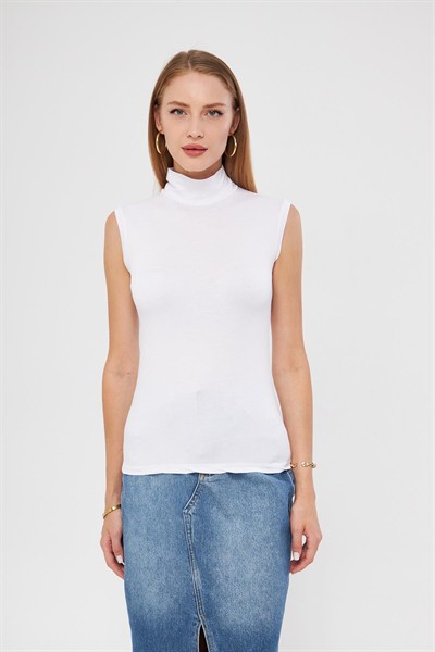 Kadın Beyaz Balıkçı Yaka Sıfır Kol Premium Kumaş Viskon Likralı Body