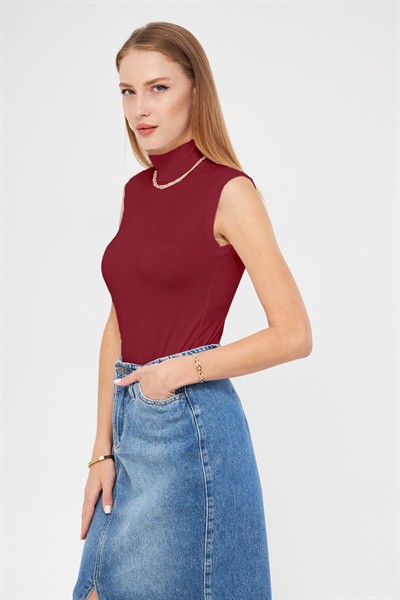 Kadın Bordo Balıkçı Yaka Sıfır Kol Premium Kumaş Viskon Likralı Body