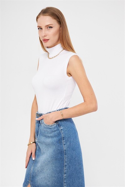 Kadın Beyaz Balıkçı Yaka Sıfır Kol Premium Kumaş Viskon Likralı Body