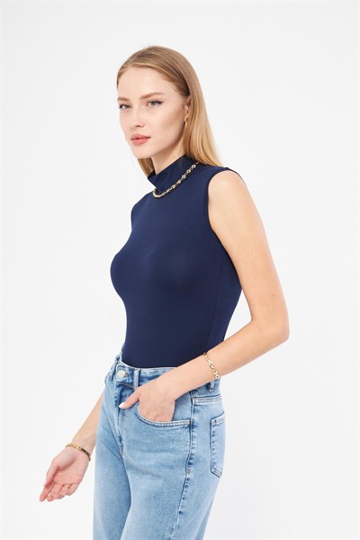 Kadın Siyah Balıkçı Yaka Sıfır Kol Premium Kumaş Viskon Likralı Body