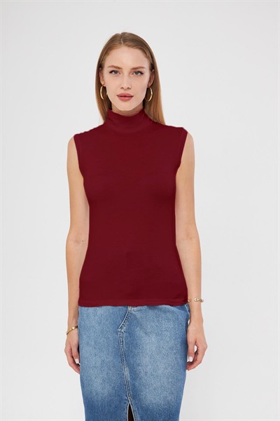 Kadın Bordo Balıkçı Yaka Sıfır Kol Premium Kumaş Viskon Likralı Body