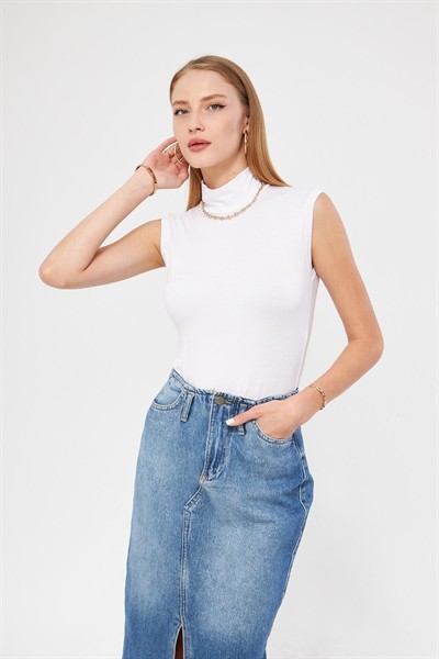 Kadın Beyaz Balıkçı Yaka Sıfır Kol Premium Kumaş Viskon Likralı Body
