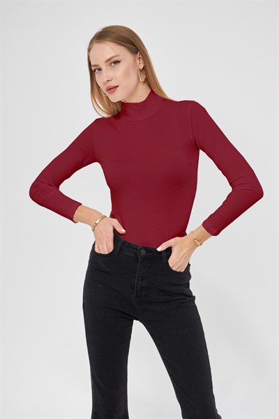 Kadın Bordo Balıkçı Yaka Uzun Kol Premium Kumaş Viskon Likralı Body