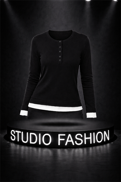 Kadın Siyah Bisiklet Yaka Garnili Çıtçıtlı Bluz 