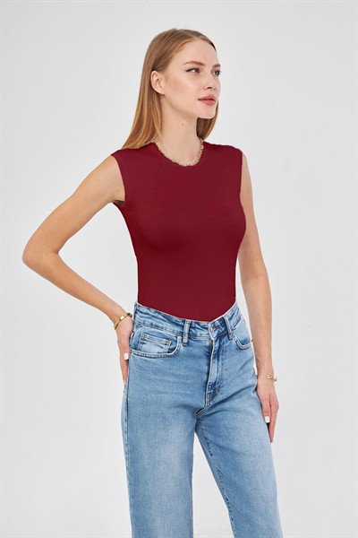 Kadın Bordo Bisiklet Yaka Sıfır Kol Premium Kumaş Viskon Likralı Body