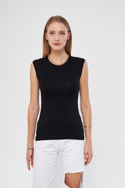 Kadın Siyah Bisiklet Yaka Sıfır Kol Premium Kumaş Viskon Likralı Body