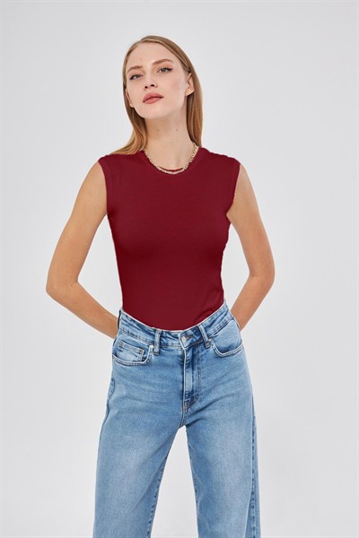 Kadın Bordo Bisiklet Yaka Sıfır Kol Premium Kumaş Viskon Likralı Body