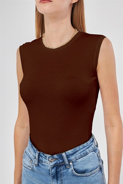 Kadın Kahve Bisiklet Yaka Sıfır Kol Premium Kumaş Viskon Likralı Body