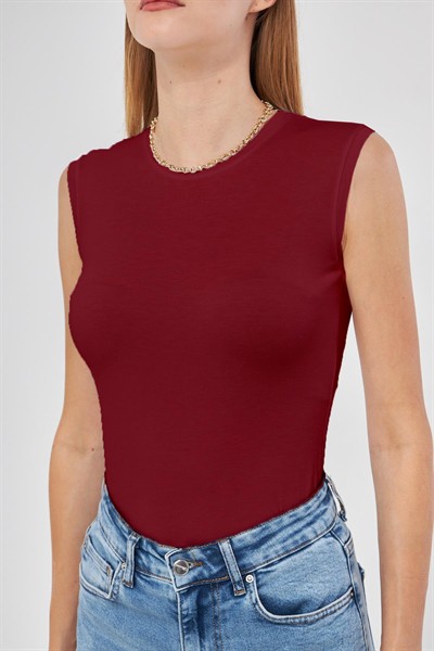 Kadın Bordo Bisiklet Yaka Sıfır Kol Premium Kumaş Viskon Likralı Body