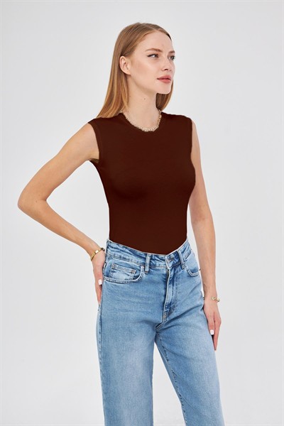 Kadın Kahve Bisiklet Yaka Sıfır Kol Premium Kumaş Viskon Likralı Body