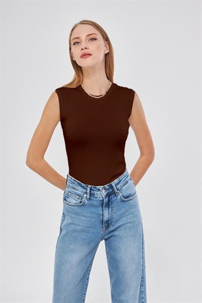 Kadın Kahve Bisiklet Yaka Sıfır Kol Premium Kumaş Viskon Likralı Body