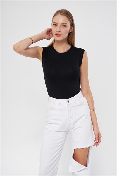 Kadın Siyah Bisiklet Yaka Sıfır Kol Premium Kumaş Viskon Likralı Body